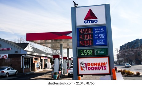 NORWALK, CT, USA - MARCH 11, 2022: Citgo gas station price sign near Post road and I -95 view in nice sunny day with blue sky
