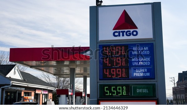NORWALK, CT, USA - MARCH 11, 2022: Citgo gas station\
price sign near Post road and I -95 view in nice sunny day with\
blue sky
