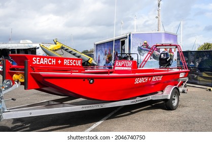 NORWALK, CT, USA - SEPTEMBER 23, 2021:   Raptor Phoenix ALU 190 F Rescue Boat Displayed Progressive Norwalk Boat Show September 23-26 2021