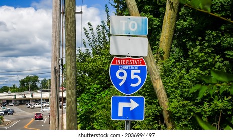 NORWALK, CT, USA - SEPTEMBER 3, 2021:  Road sign for  highway I-95 near Post road