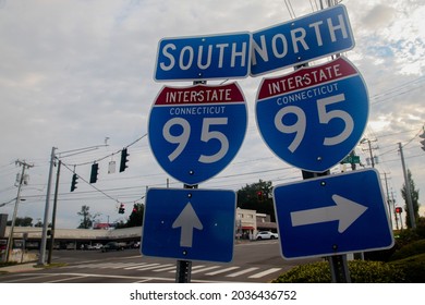 NORWALK, CT, USA- SEPTEMBER 5, 2021: Interstate road sign on Post road alias Connecticut Avenue at morning