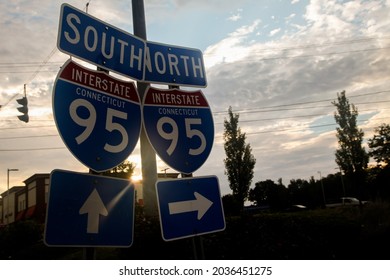 NORWALK, CT, USA- SEPTEMBER 5, 2021: Interstate road sign on Post road  with morning sun light