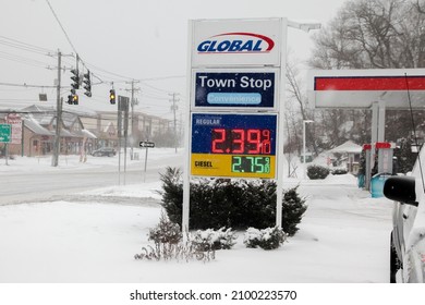 NORWALK, CT, USA-FEBRUARY 1, 2021:   Gas station sign during snow storm  day on Connecticut Ave.