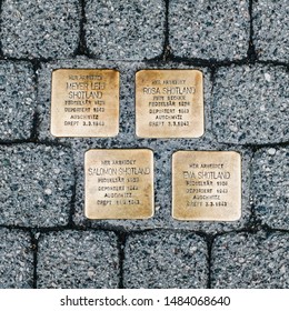 Tromsø, Norway. 16 August 2019. Pavement Memorial Outside A House Where A Jewish Family Once Lived. They Were Transported To Auschwitz And All Perished There In 1943.