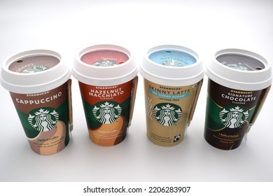 Norway 25 September 2022: Selections Of Chilled Starbucks Cappuccino Hazelnut Macchiato Skinny Latte Coffee And Chocolate Drink Options At The Coffee Shop Isolated On White Background