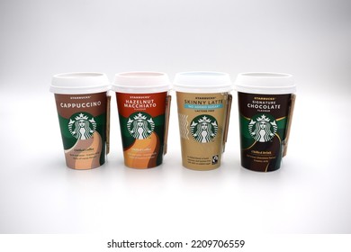 Norway 4 October 2022: Selections Of Chilled Starbucks Cappuccino Hazelnut Macchiato Skinny Latte Coffee And Chocolate Drink Options In A Row At The Coffee Shop Isolated On White Background