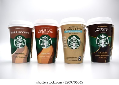 Norway 4 October 2022: Selections Of Chilled Starbucks Cappuccino Hazelnut Macchiato Skinny Latte Coffee And Chocolate Drink Options In A Row At The Coffee Shop Isolated On White Background