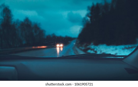 Norway Adventures, Night Road Trip, Traveling In The Car At Nighttime, Driving Along Highway In Rainy Night, Enjoy Travels