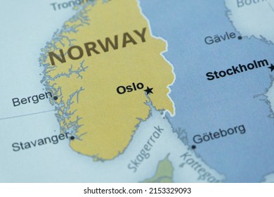 Norway country and location on map, macro shot and close-up of Norway on map, travel idea, vacation concept, Norwegian culture, North Europe destination, top view