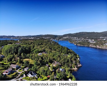 Norway Drone View. Krossneset Village In Alver Municipality. Flatoy Island And Kvernafjorden Fjord.