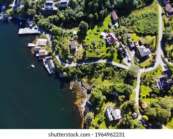 Norway Drone View. Krossneset Village In Alver Municipality. Flatoy Island And Salhusfjorden Fjord.