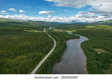Norway E6 Highway and Scenic Summer Landscape. Norwegian Wilderness Scenery. Nordland County.