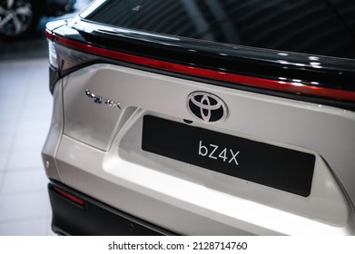 Tønsberg, Norway - February 19, 2022: Silver Toyota BZ4X Is A New Crossover SUV Electric Car