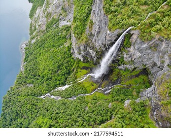 Norway Fiord Drone View. Aerial View Of Geiranger Fjord And Waterfall.