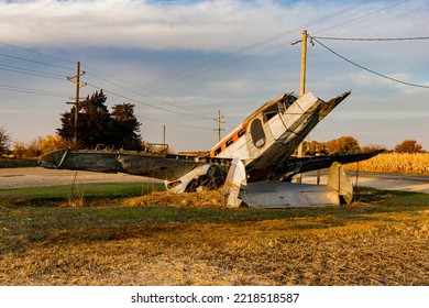 Norway, Illinois, United States - October 23, 2022: Agricultural Crash Monument: Beechcraft 18, A Small, Two-prop Passenger Plane, Burrowed Nose Down Into The Ground, A Partly Smashed And Gutted Hulk.