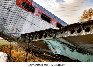 Norway, Illinois, United States - October 23, 2022: Agricultural Crash Monument: Beechcraft 18, A Small, Two-prop Passenger Plane, Burrowed Nose Down Into The Ground, A Partly Smashed And Gutted Hulk.