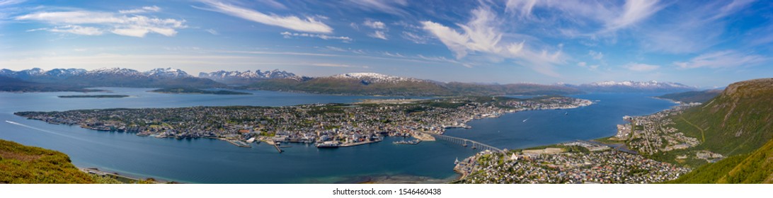 TROMSØ, NORWAY -  JULY 11, 2019: Aerial Panoramic View Of Island Of Tromsøya, Northern Norway.