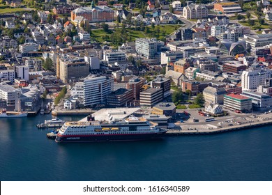 TROMSØ, NORWAY - JULY 11, 2019: Aerial View Of Cruise Ship Docked At City Of Tromsø, On Island Of Tromsøya.