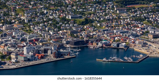 TROMSØ, NORWAY - JULY 11, 2019: Aerial View Of City Of Tromsø And Harbour, On Island Of Tromsøya.