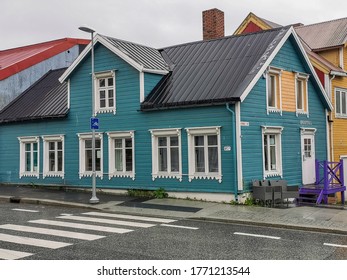 Tromsø / Norway - June 2019: Historical buildings and streets of downtown of "North Paris". Summer in Finnmark.