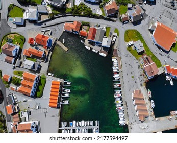 Norway Karmoy Island Drone View. Akrehamn Boat Harbor Town Aerial View.