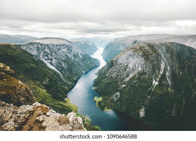 Norway Landscape fjord and mountains aerial view Naeroyfjord beautiful scenery scandinavian natural landmarks