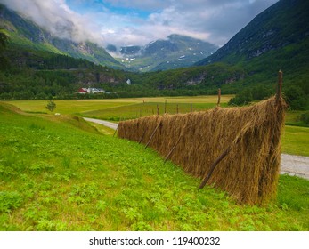 Norway Landscape. Hay On Farm.