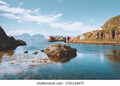Norway landscape Nyksund traditional village wooden houses and sea with mountains scandinavian nature travel destinations
