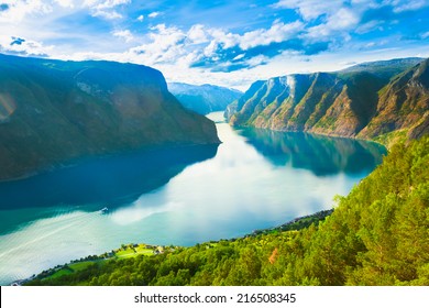 Norway Nature Fjord, Summer Sognefjord. Sunny Day, Landscape With Mountain, Pure Water Lake, Pond, Sea