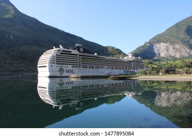 Flåm, Norway On 24.07.2019: MSC Poesia In Aurlandsfjord At The Pier Of Flåm