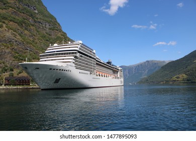 Flåm, Norway On 24.07.2019: MSC Poesia In Aurlandsfjord At The Pier Of Flåm