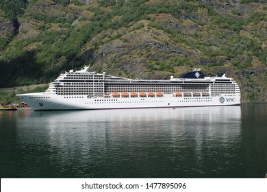 Flåm, Norway On 24.07.2019: MSC Poesia In Aurlandsfjord At The Pier Of Flåm