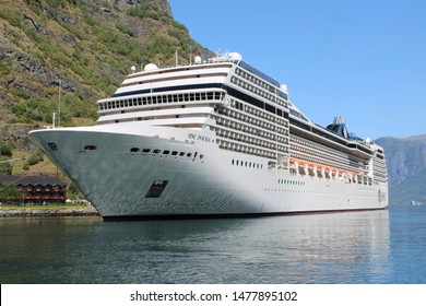 Flåm, Norway On 24.07.2019: MSC Poesia In Aurlandsfjord At The Pier Of Flåm