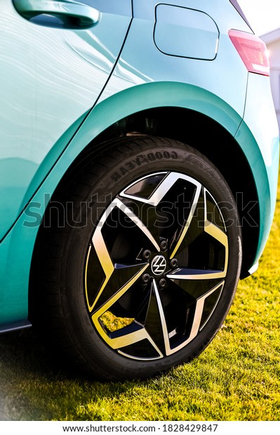 Tønsberg, Norway -\
SEPT 17, 2020: azure blue VOLKSWAGEN VW I.D.3 is a compact\
C-segment electric car based on the MEB platform. New car at sunset\
on a sunny autumn day with  nobody.\

