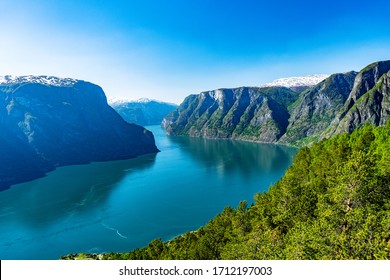 Norway Sognefjord At Summer. Sunny Day, Landscape With Mountain, Fjord, Forest