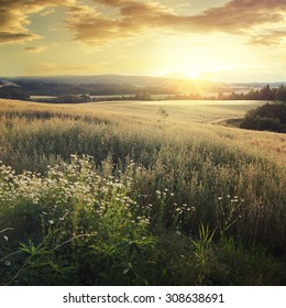 Norway Summer Landscape With Wheat Field And Clouds At Sunset (sunrise). Sunshine Over The Village. Vintage Effect.