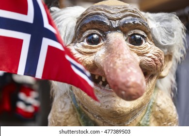 Norway. Troll head with norwegian flag. Scandinavian symbol. Horizontal