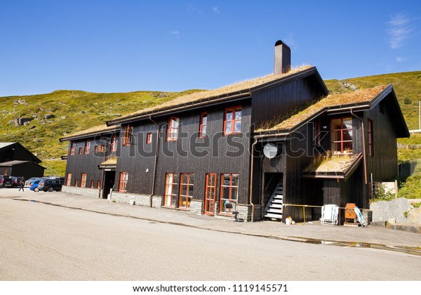 Norway-August 15, 2014 -  Mountain restaurant in\
Norwegian rural\
place.