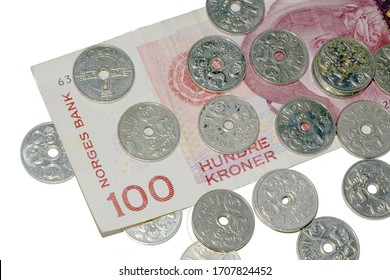 A Norwegian Bank (Norges Bank) 100 Kroner Note Surrounded By 1 Kroner Coins