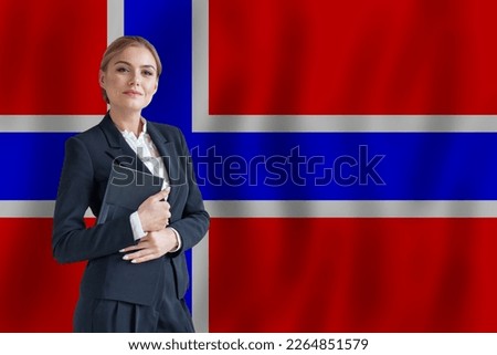 Norwegian businesswoman on the flag of Norway digital  nomad, business, startup concept