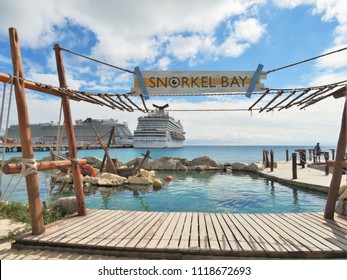 Norwegian And Carnival Magic Cruise Ships Docked Near Snorkle Bay In Costa Maya, Mexico, 11/30/2017,  Two Cruise Ships Docked At The Terminal In Costa Maya, Mexico