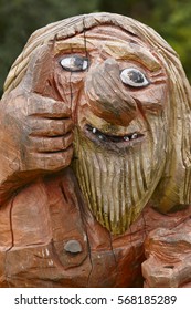 Norwegian Carved Wooden Face Detail Troll. Scandinavian Folklore. Norway. Vertical