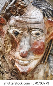 Norwegian Carved Wooden Face Detail Troll. Scandinavian Folklore. Norway. Vertical