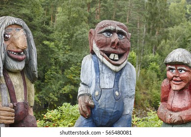 Norwegian Carved Wooden Troll Sculptures. Scandinavian Folklore. Norway. Horizontal