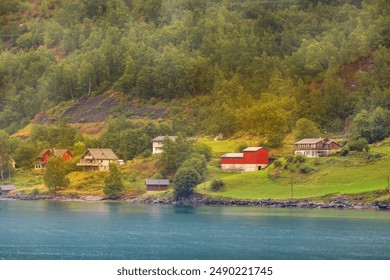 Norwegian fjord village and Sognefjord landscape near Flam, Norway. Tourism vacation and travel background - Powered by Shutterstock