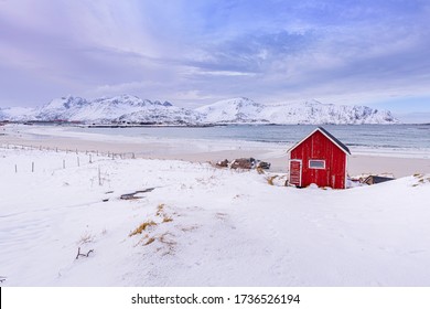 Norwegian Hut On An Artic Beach