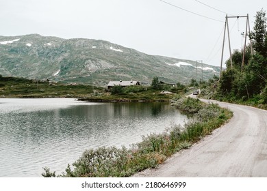 Norwegian mountain landscape with water and plants during summer in Hardanger.