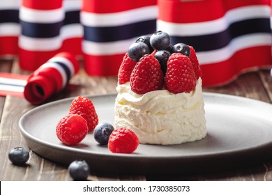 Norwegian National Day 17th May. Cheesecake With Flag. Norwegian Flag