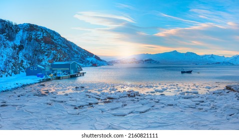 Norwegian Traditional Fishing Small House On The Bank Of Sea - Tromso, Norway