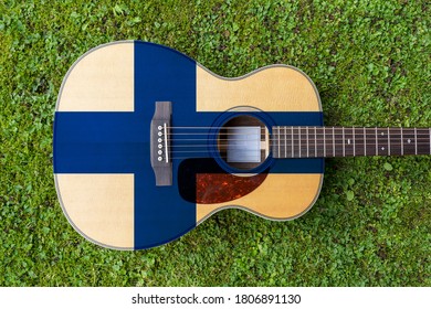 Norweigan  Flag Motif Painted On Wooden Steel String Acoustic Guitar